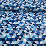 Dark blue, light blue, and gray triangles on a white background