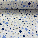 Light and dark blue stars on a white background